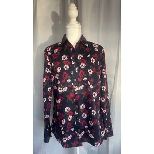 Lands End No Iron Supima Cotton Floral Shirt Tall 10T Navy Pink  Button Down . 8